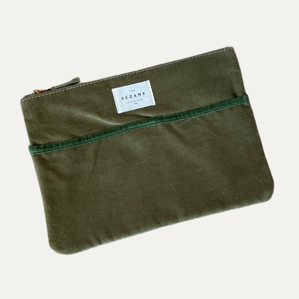 SEZANE Olive Green Velvet Zip Pouch Bag w/ Exterior Magnetic Pouch Pocket